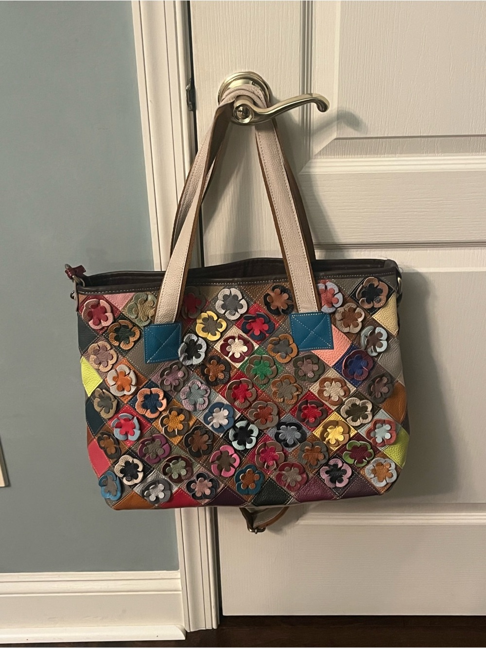Multicolor Floral Patchwork Tote with Beige Straps